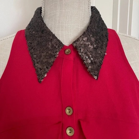 XOXO | Vintage Y2K Red Sleeveless Sheer Blouse with Gold Sequin Collar, Size M - Picture 2 of 13